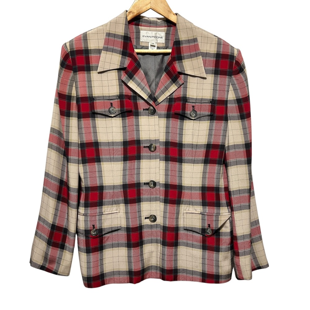 Y2K VTG Evan Picone Women Silk‎ Blazer 14  Plaid Classic Academia Preppy Luxury